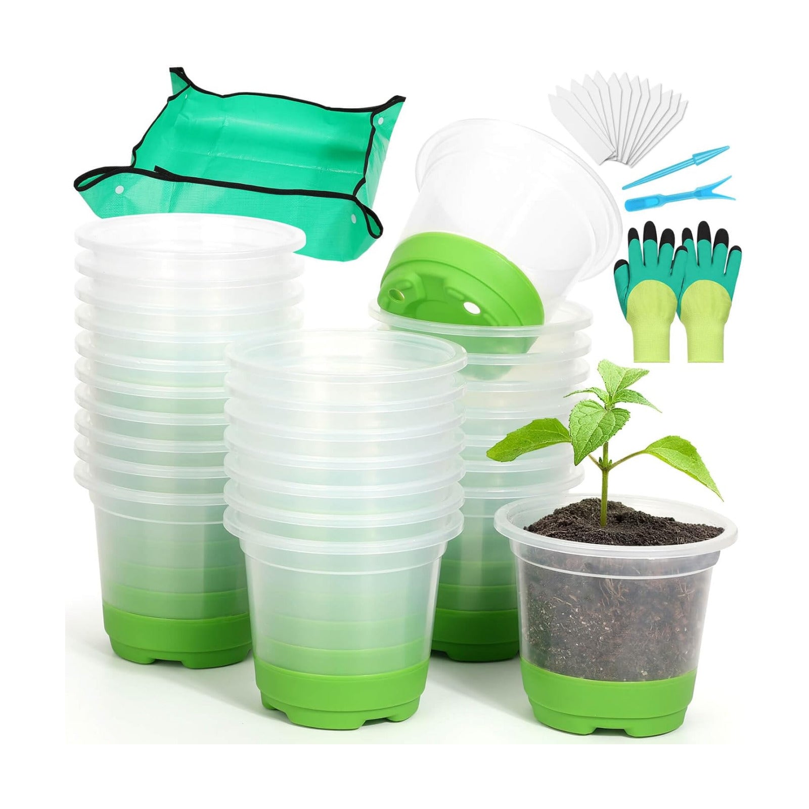 Caffox 57PCS Reusable Seed Starter Kit Includes 26 Packs 4" Clear Nursery Pots with Silicone Base, Repotting Mat