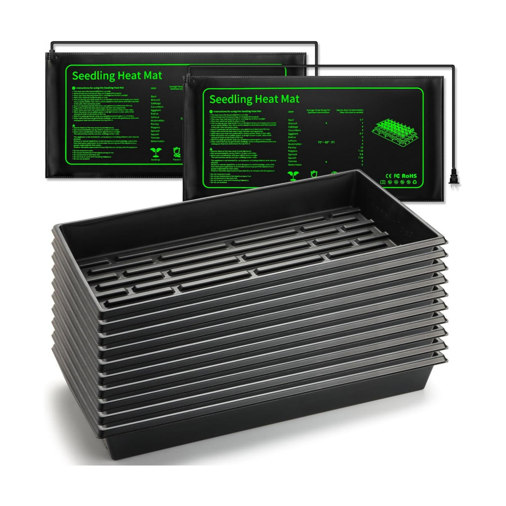 RooTrimmer Seed Starter Kit - 10 Pack 1020 Seed Trays with 2 Seedling Heat Mats for Plants (10"x20.5"), Complete Seed