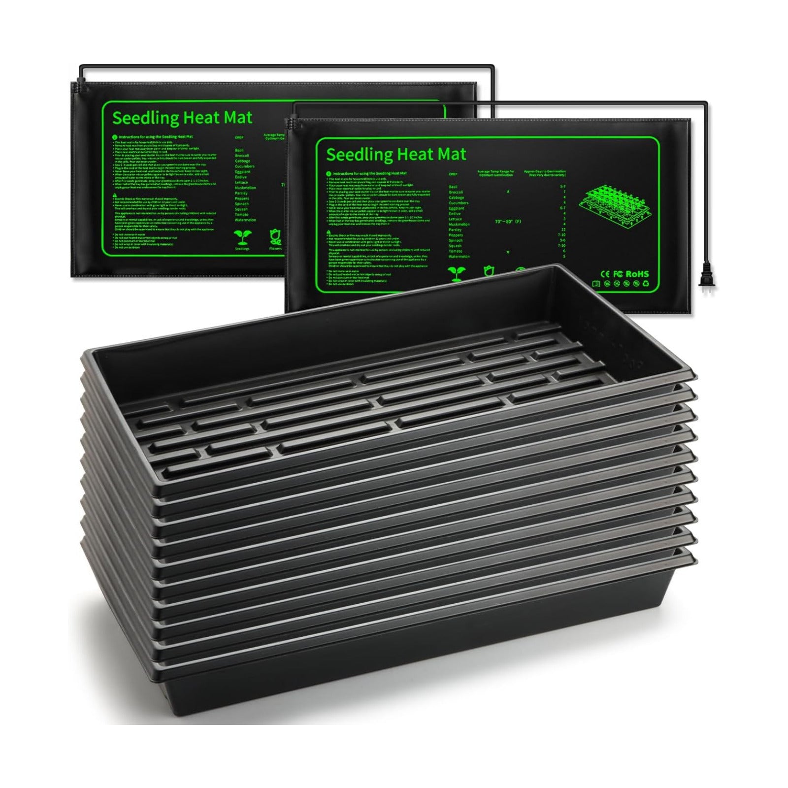 RooTrimmer Seed Starter Kit - 10 Pack 1020 Seed Trays with 2 Seedling Heat Mats for Plants (10"x20.5"), Complete Seed
