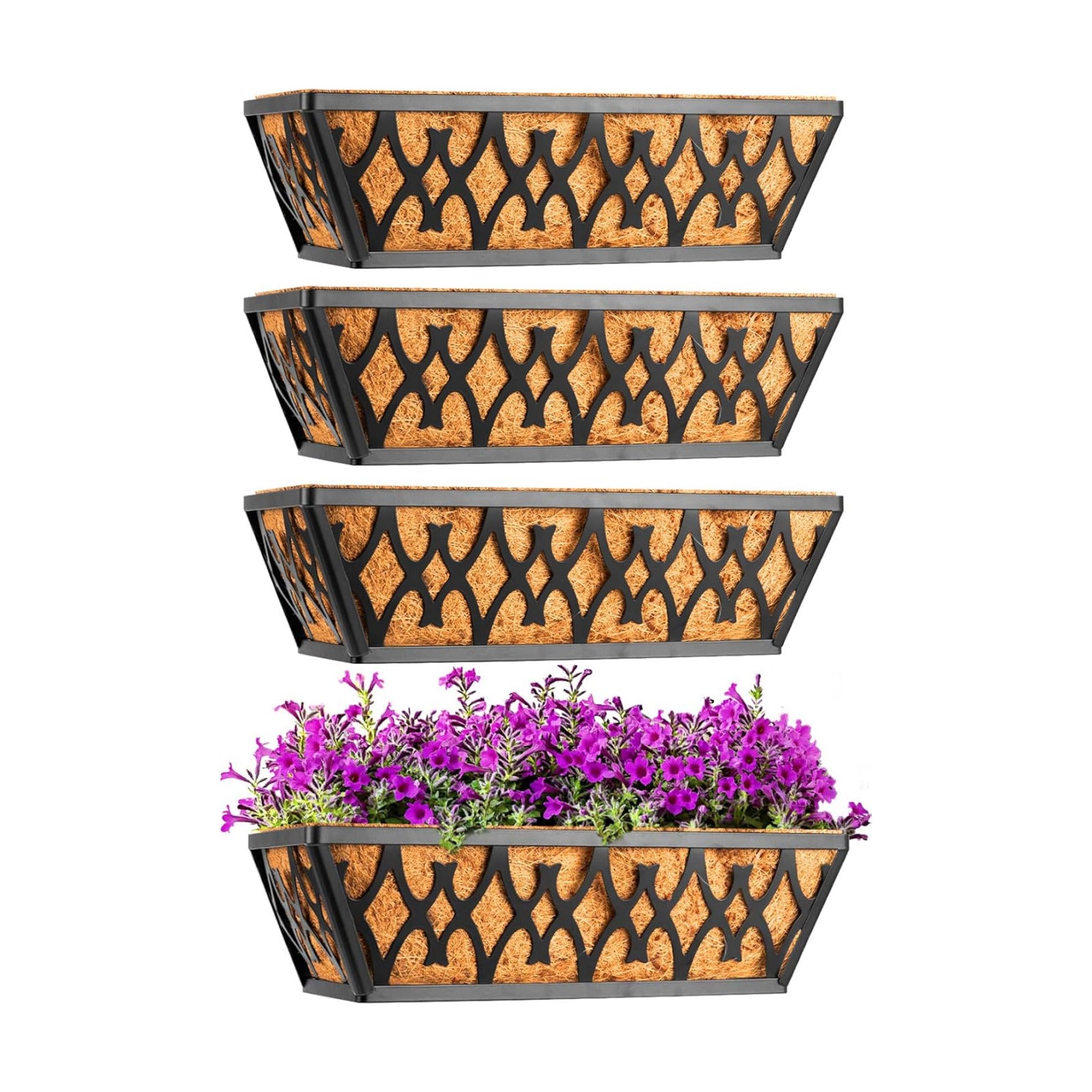 4 Pack 14 Inch Window Boxes Planters Railing Planter Box with Coco Liners Deck Railing Planter Boxes Balcony Hanging