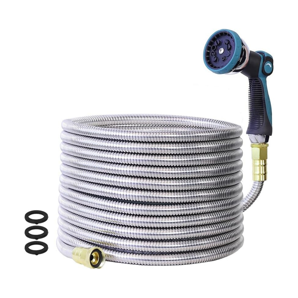 25FT Garden Hose, Stainless Steel Water Hose Flexible with a 10-Mode Nozzle Sprayer, No Kink, Lightweight, Puncture