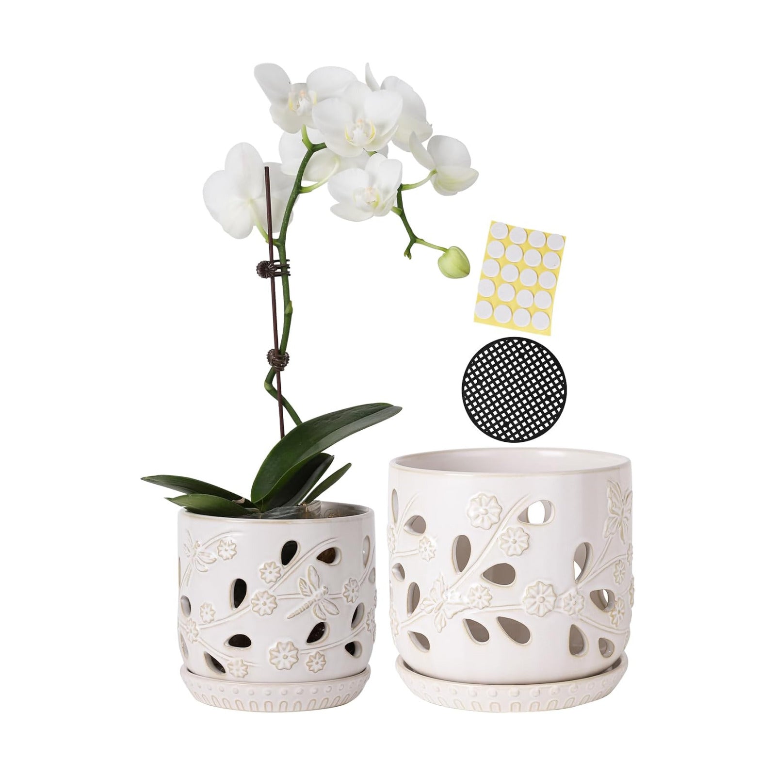 6.5" + 5" Ceramic Orchid Pot with Drainage Holes & Saucer | Orchid Containers with Precise Aeration, White Flower Pots