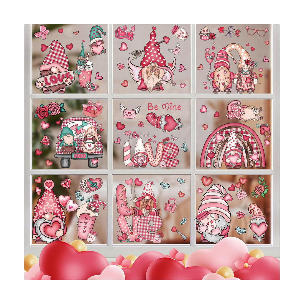 9 Sheets Valentine's Day Gnome Window Clings, Double-Sided Window Decor for Valentines Day, Removable Pink Window Decorations for Glass Windows
