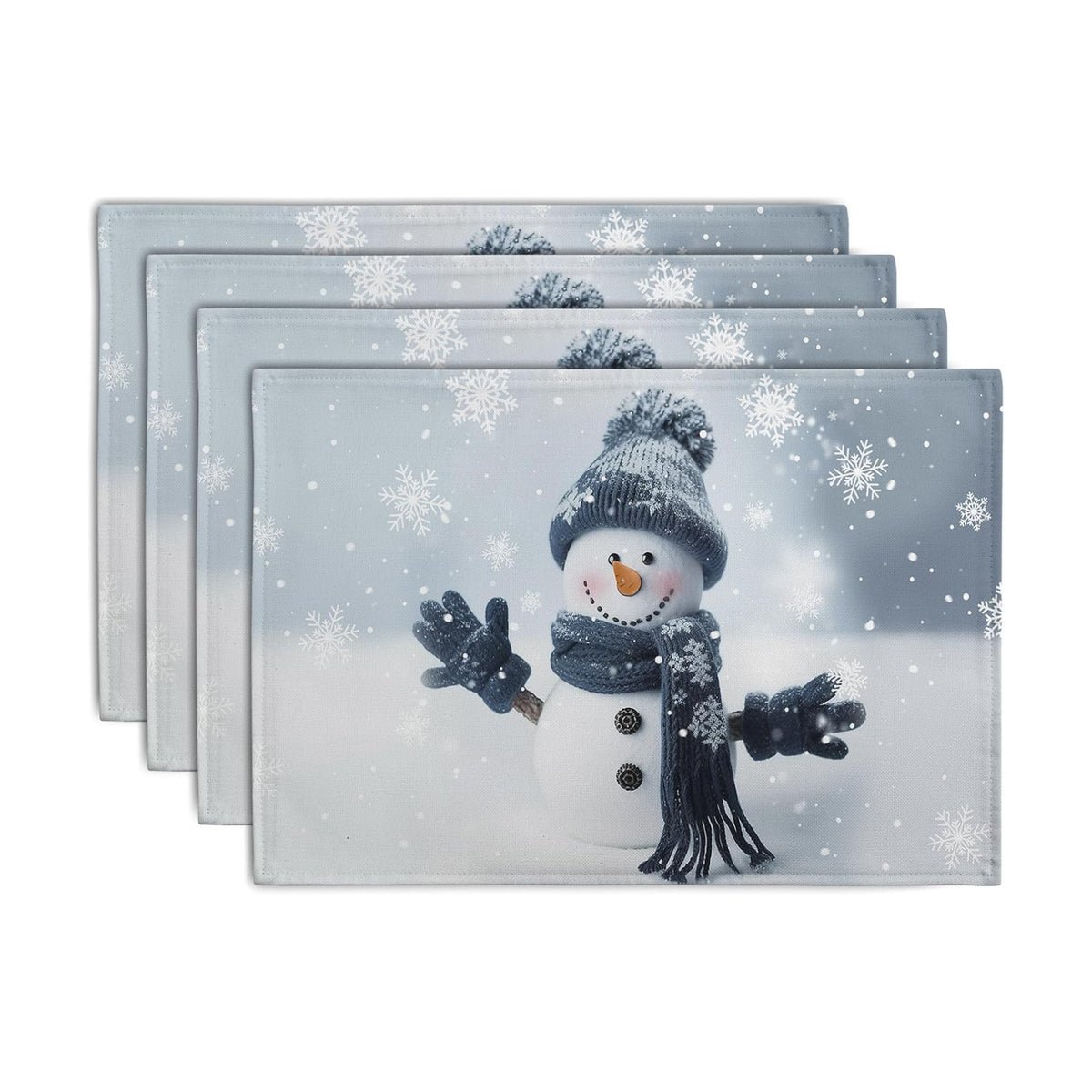 Snowman Placemats Set of 4, 12x18 Inch Winter Cute Blue Snowman Snowflake Table Mats Seasonal Christmas Holiday Washable Linen Fabric Place Mats for Farmhouse Party Kitchen Dining Decor