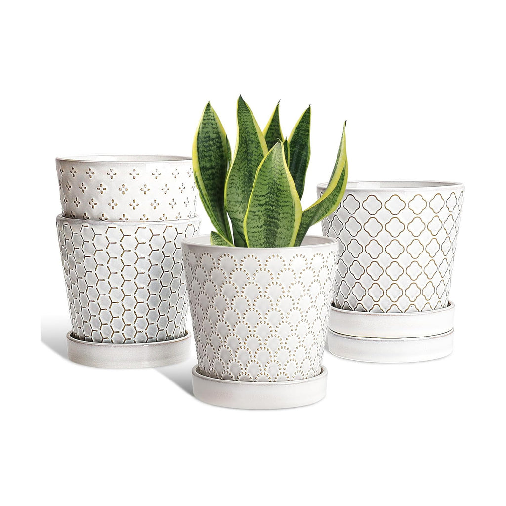 EFISPSS Ceramic Plant Pots Indoor, 5 Inch Planters with Drainage Holes and Ceramic Tray, Relief Design Flower Planter