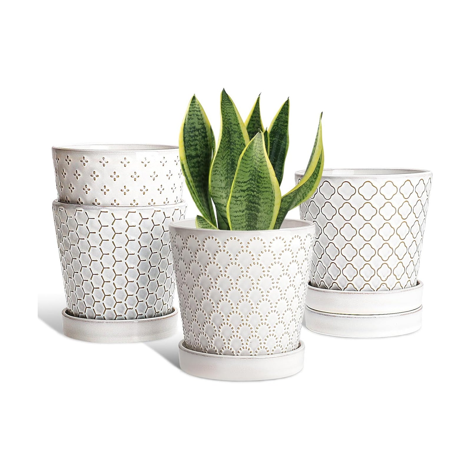 EFISPSS Ceramic Plant Pots Indoor, 5 Inch Planters with Drainage Holes and Ceramic Tray, Relief Design Flower Planter