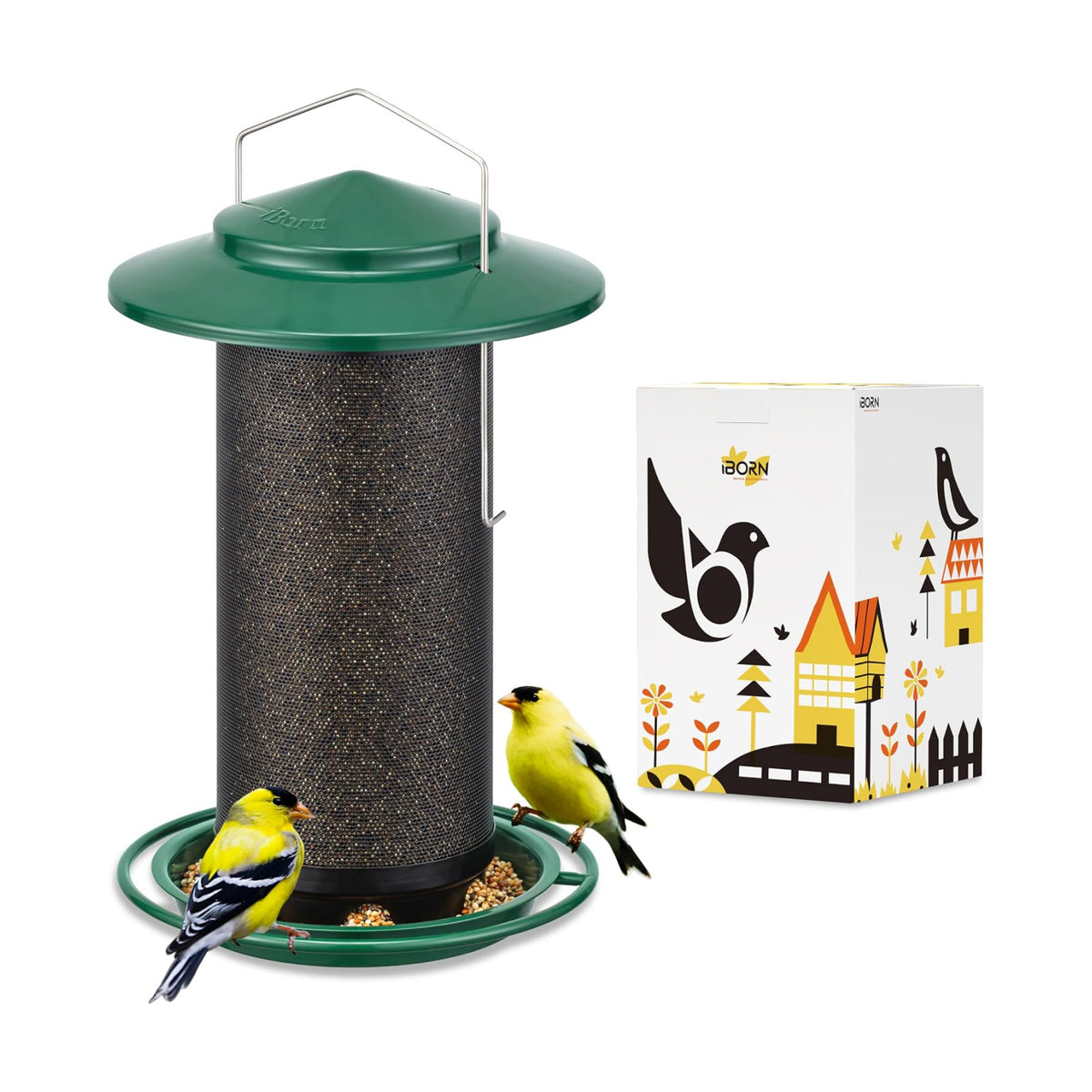 iBorn Bird Feeders for Outdoors, All Metal Mesh Tube, Holding Bird Seed for Outside Feeders,17.7cm Large Roof, Green, 2.8lb(Seed is not Included)