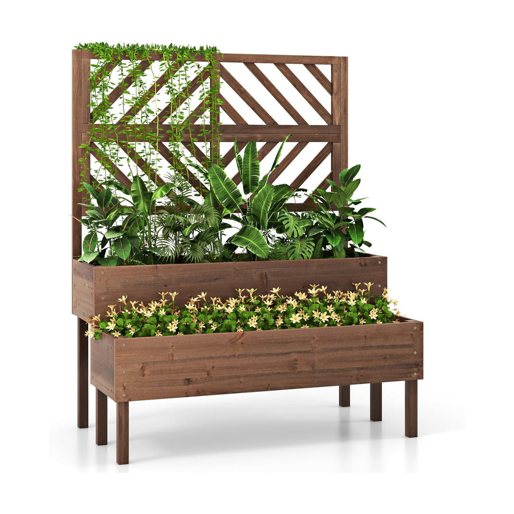 Raised Garden Bed with Trellis & 2 Planter Boxes, 2-Tier Outdoor Wooden Elevated Planter Box with Legs & Drainage