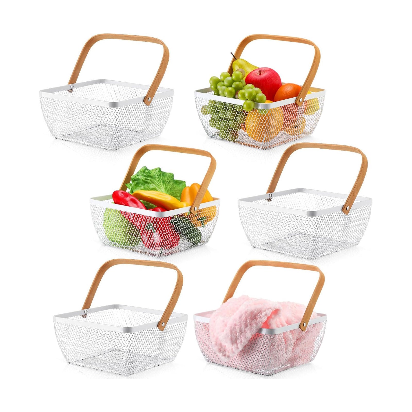 6 Pcs Metal Mesh Steel Basket with Handle Small Shopping Baskets Square Wire Harvest Storage for Kitchen Storage Garden