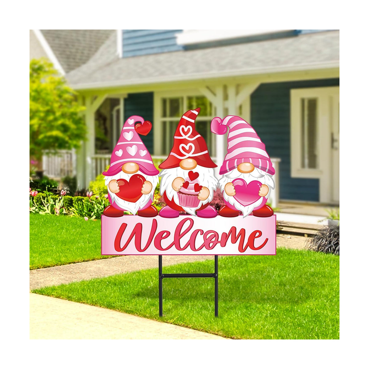 JarThenaAMCS Valentine's Day Metal Garden Stakes Red Pink Heart Gnome Yard Stake Decorative Welcome Lawn Sign for Wedding Anniversary Home Outside Lawn Porch Decor