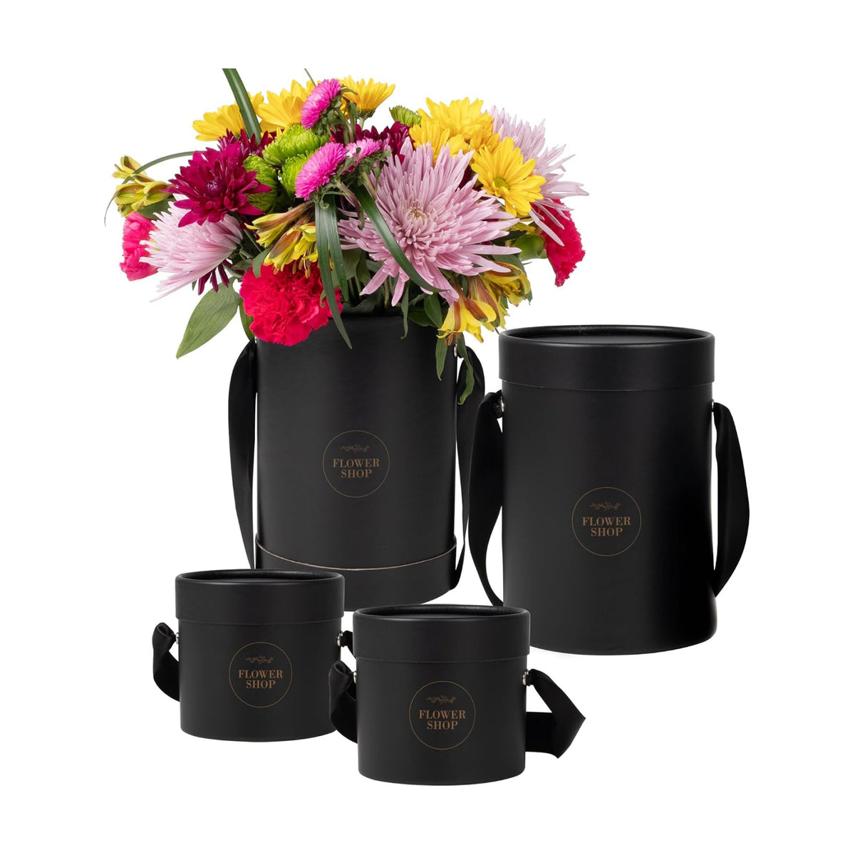 4 Flower Bouquet Hat Boxes | 2 Per Size Round Floral Arrangement Vase | Satin Ribbon Handle & Waterproof Liner | Gift Box for Flowers with Lids | Black