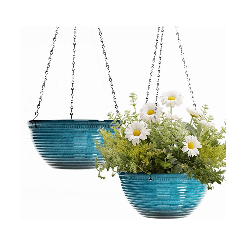 10 Inch Glazed Hanging Planters for Indoor Outdoor Plants, 2 Pack, Blue | hanging Baskets with Drainage Hole, Ceramic