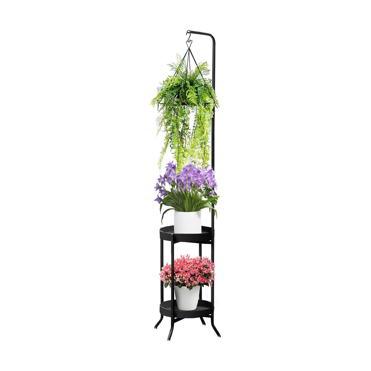 RINBOU Hanging Plant Stand Indoor Outdoor, Space-Saving Corner Metal Plant Shelf 3 Potted Flower Pot Stand, 2 Tier 61"