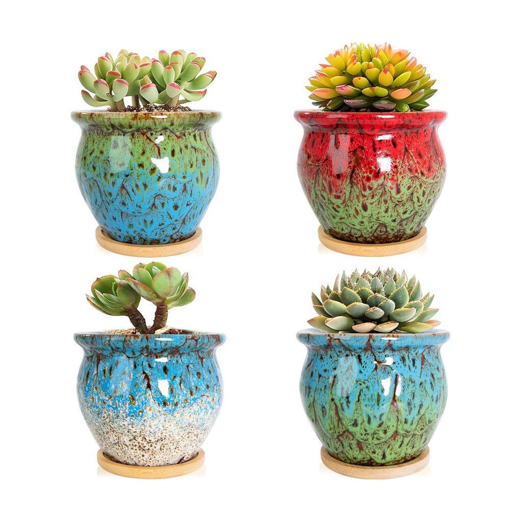 ARTKETTY Succulent Pots - 4 Pack Small Plant Pots with Drainage Tray | 4.5 Inch Ceramic Planters for Indoor Plants