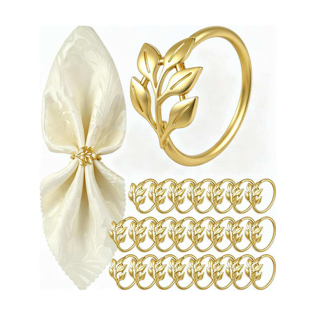 Gold Napkin Rings Set of 24, Solid Zinc Alloy Leaf Table Decor