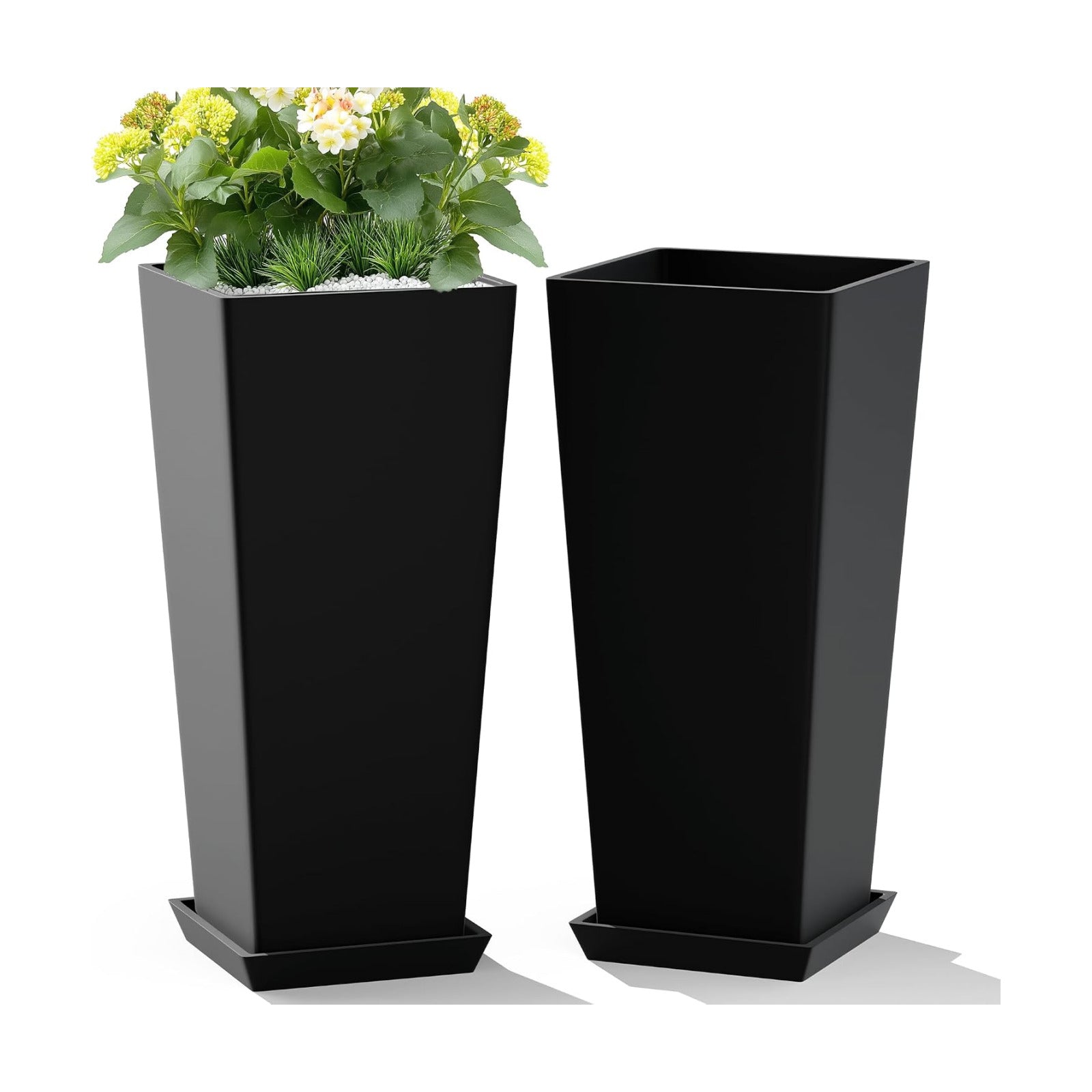 TUYOHW 24-Inch Tall Planters for Outdoor Plants, Set of 2, Black | Square tapered plastic planters with drainage trays