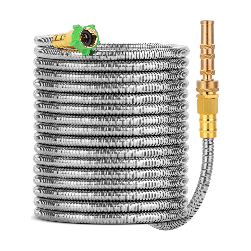 UNCO- Stainless Steel Metal Hose with 4 Function Brass Nozzle, 50 ft, No Kink, Metal Garden Hose