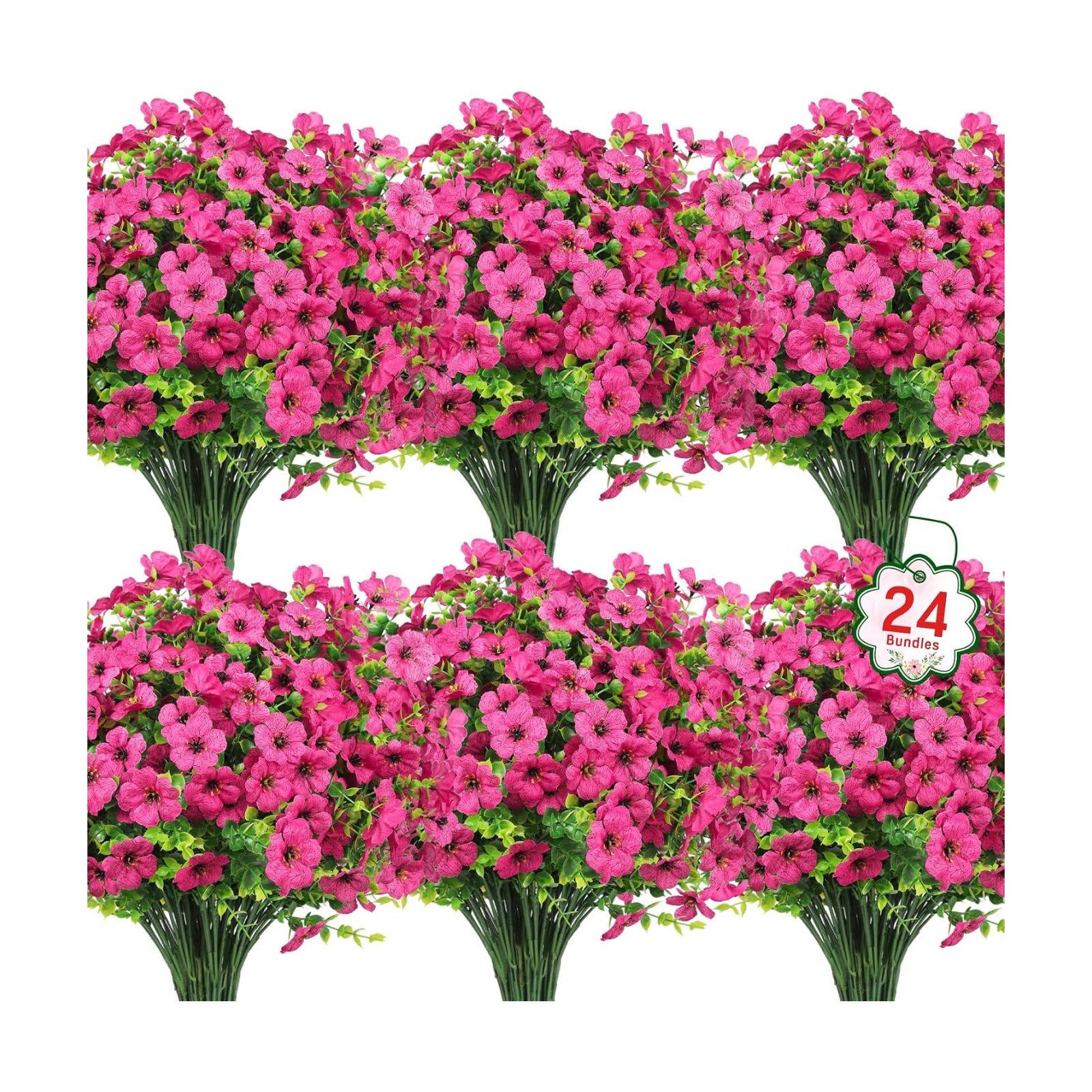 24 Pcs Artificial Flowers for Outdoors Decorations, Rose Red | Lifelike silk flowers, UV resistant, faux plastic
