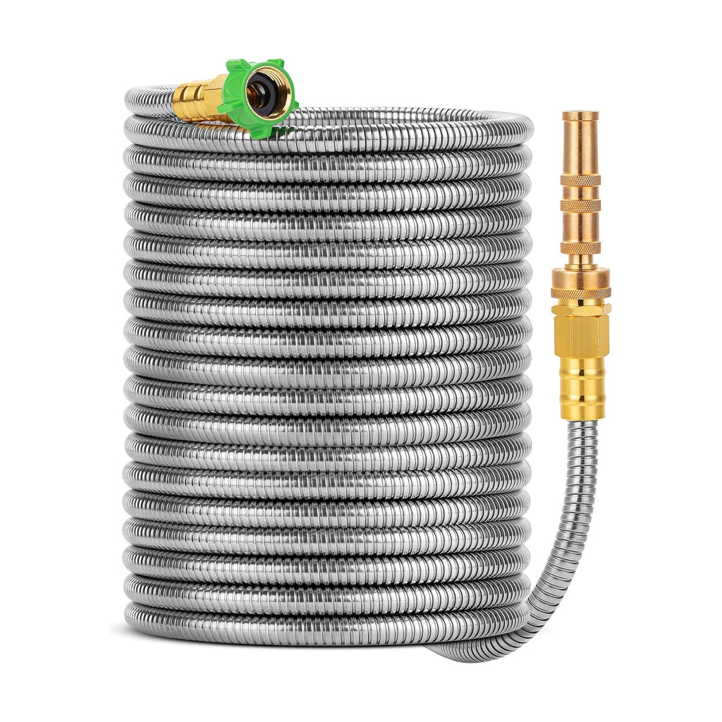UNCO- Stainless Steel Metal Hose with 4 Function Brass Nozzle, 75 ft, No Kink, Metal Garden Hose