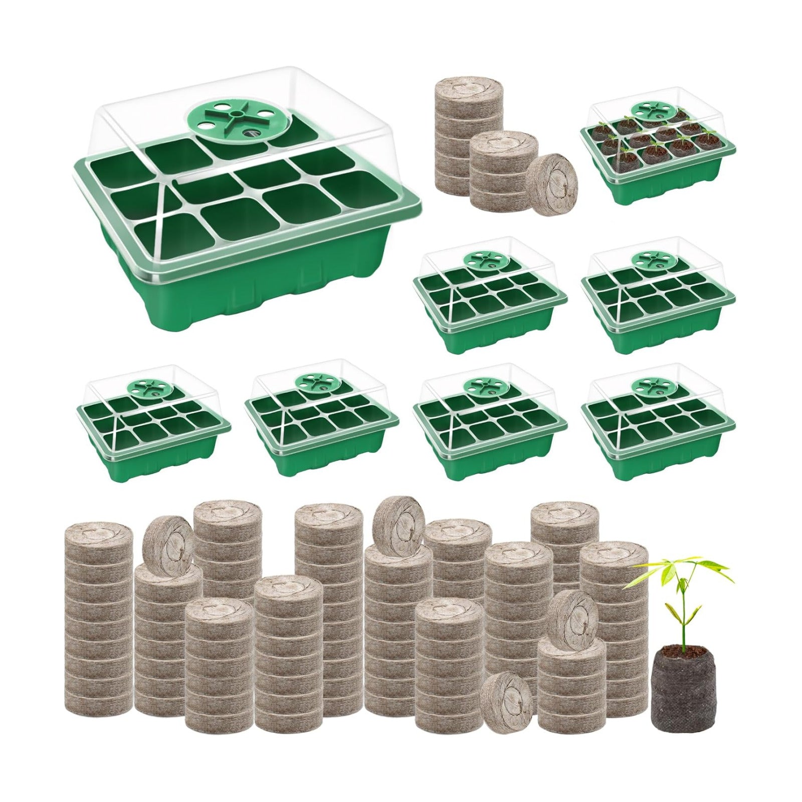 Seed Starter Tray with Peat Pellets, Green Starting Seeds Kit for Plants | 8 Trays (96 Cells) + 100 Organic Peat