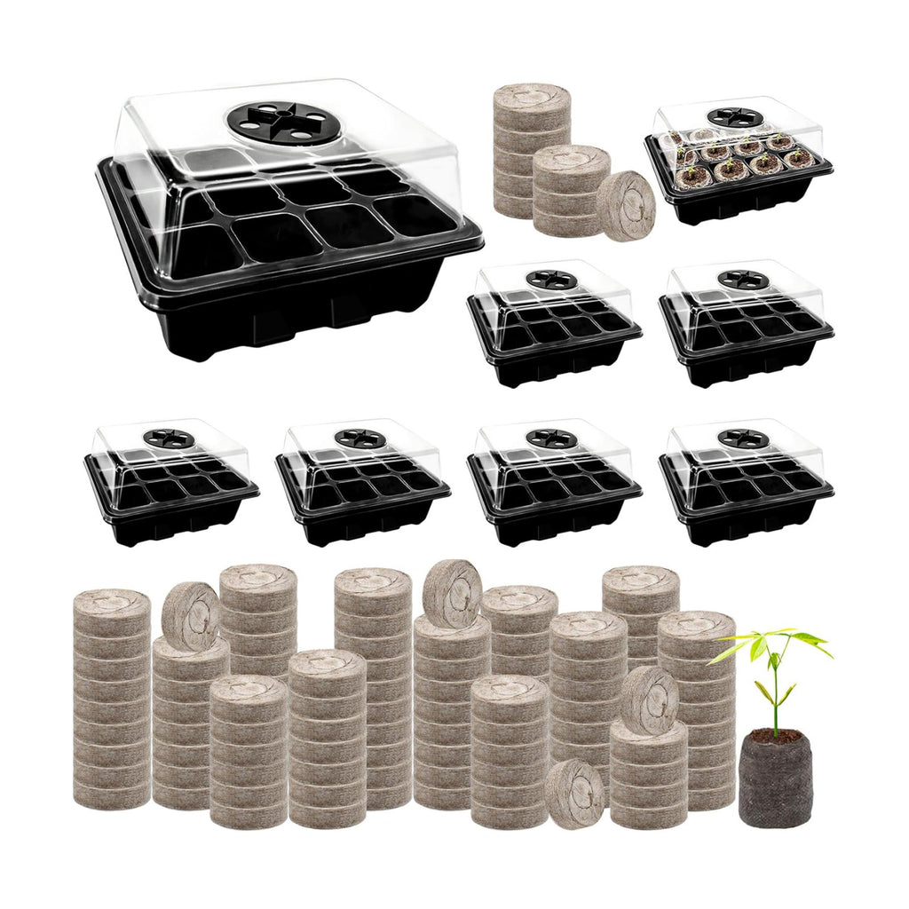 Seed Starter Tray with Peat Pellets, Black Starting Seeds Kit for Plants | 8 Trays (96 Cells) + 100 Organic Peat