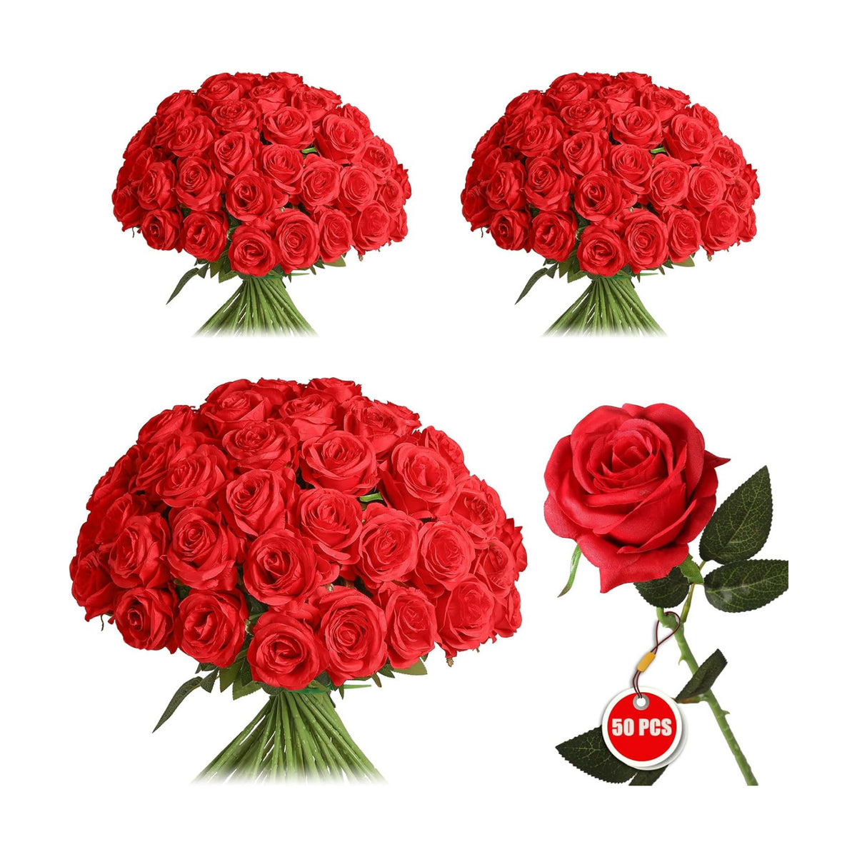 50PCS Artificial Silk Roses Flowers – Realistic Fake Roses in Bulk & Bouquet Long Stem Red Rose for Wedding Centerpieces, Home Decor, Floral Arrangements, Party Decoration (Red)