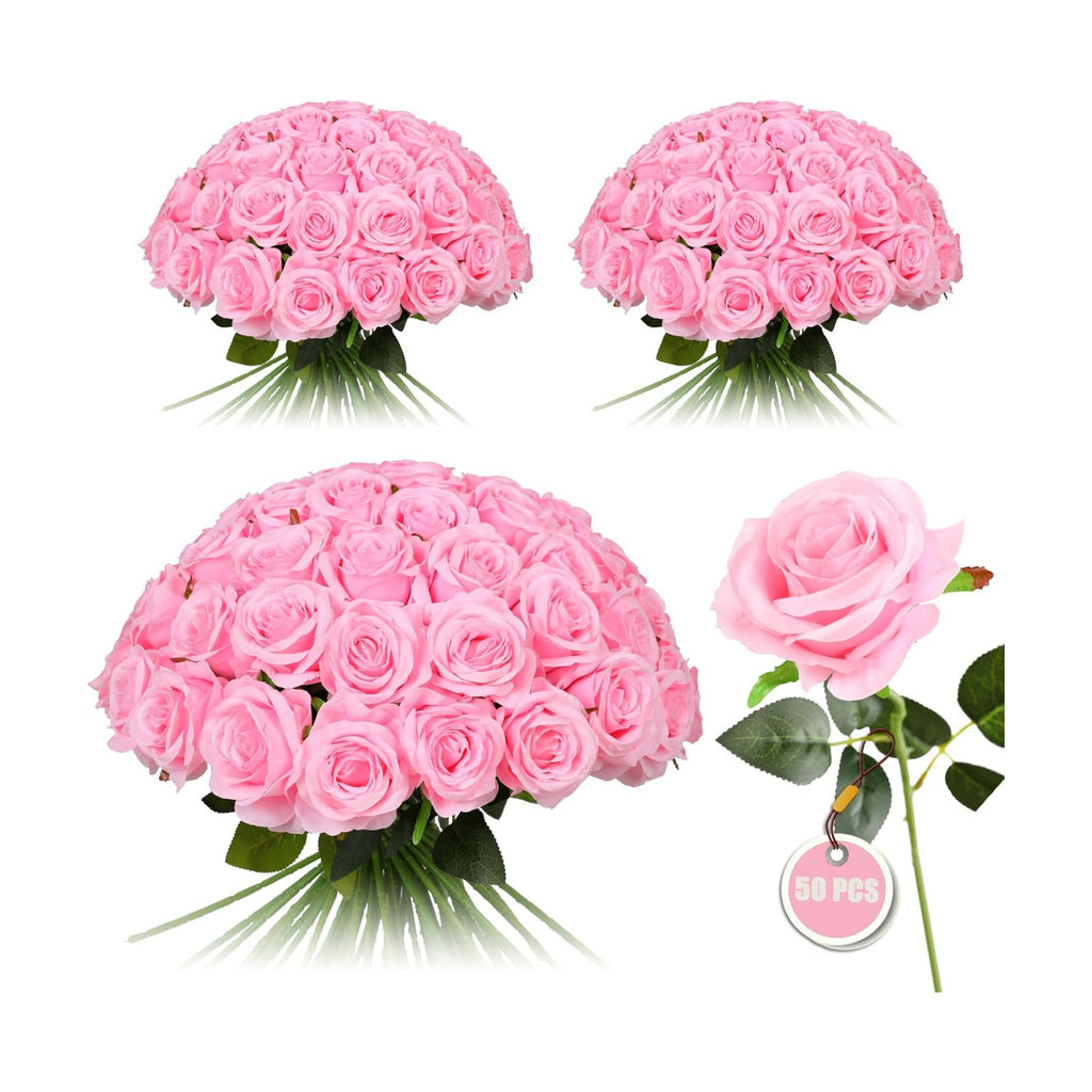 50PCS Artificial Silk Roses in Bulk & Bouquet Long Stem – Realistic Fake Roses for Wedding Centerpieces, Home Decor, Floral Arrangements, Party Decoration (Pink)