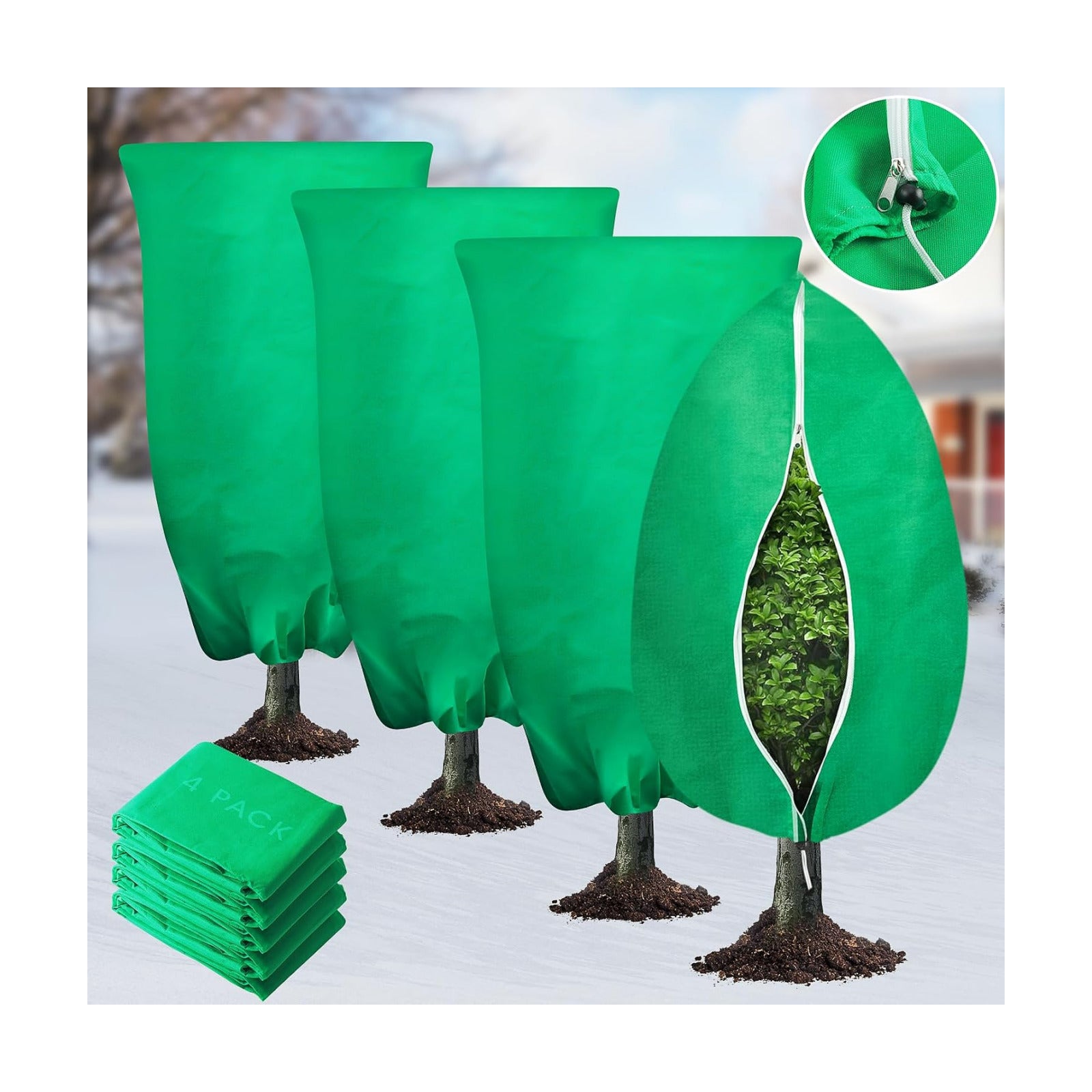 4 Pack Plant Covers Freeze Protection, 31.5" x 47.3" Large Frost Cloths Blankets with Zipper Drawstring, Shrub Jackets