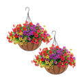Hananona 2 Set Artificial Outdoor Flowers with Hanging Basket, 2 Hanging Planters with 24 Pcs Flowers for Spring Summer