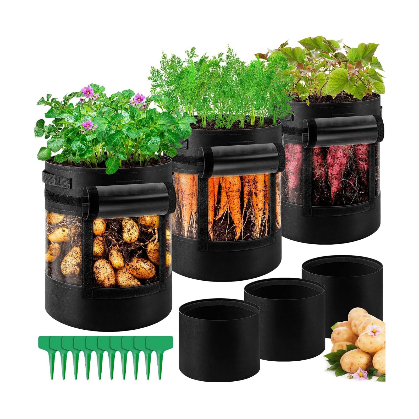 3 Pack 10 Gallon 360° Visibility Potato Grow Bags with Shading Flap | Plant Grow Bags for Growing Potatoes Heavy Duty