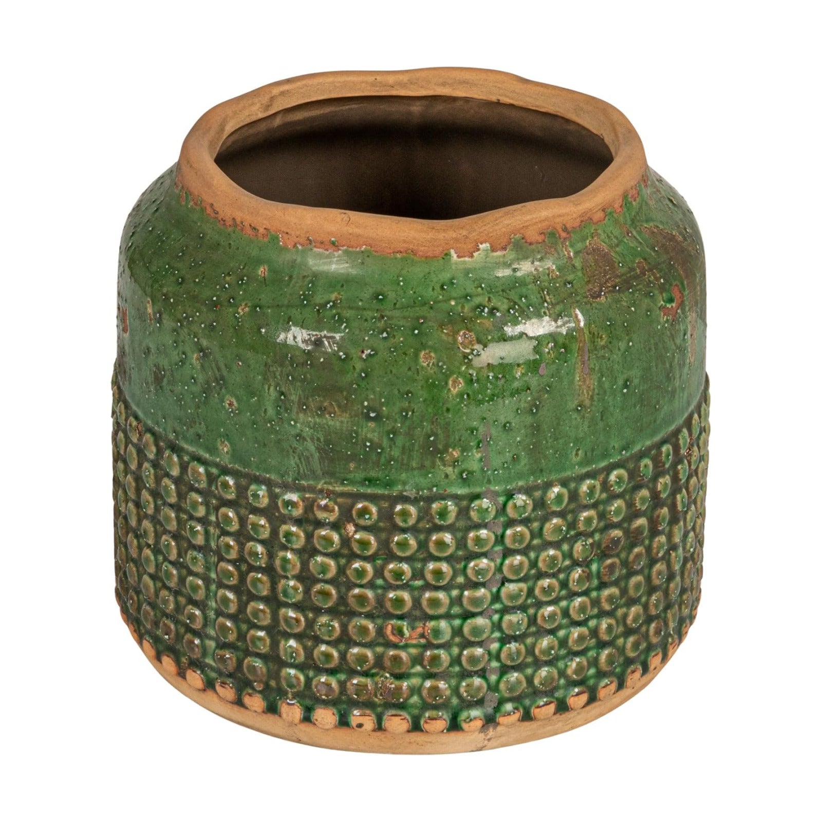 Creative Co-Op Round Terra-Cotta Hobnail Planter Vase with Heavily Distressed Finish, Green