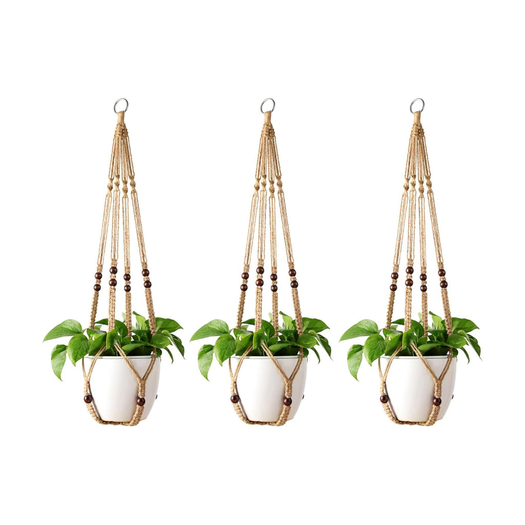 Mkono Macrame Plant Hanger Indoor 35 Inch Hanging Planter Basket Brown 3Pcs | Hanging Plant Holder with Decorative Wood