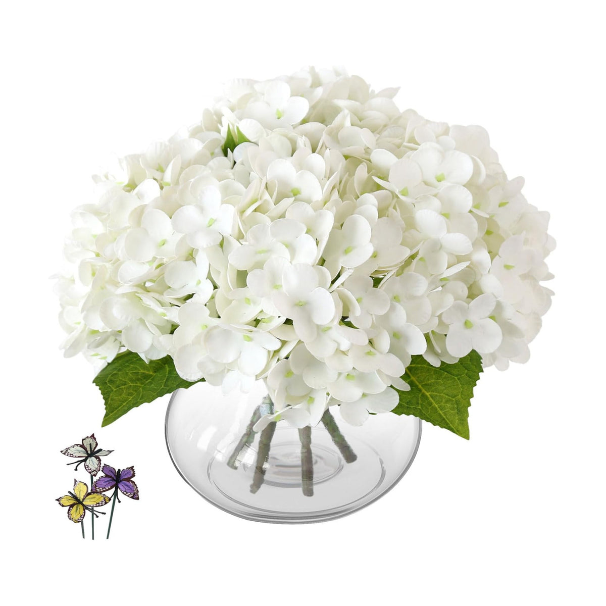 Leftover Hydrangea Artificial Flowers with Vase,White Real Touch Hydrangea Flowers with Butterfly,Faux Hydrangea Flowers for Floral Centerpieces for Tables,Home Decor,Wedding Decor,Coffee Table Decor