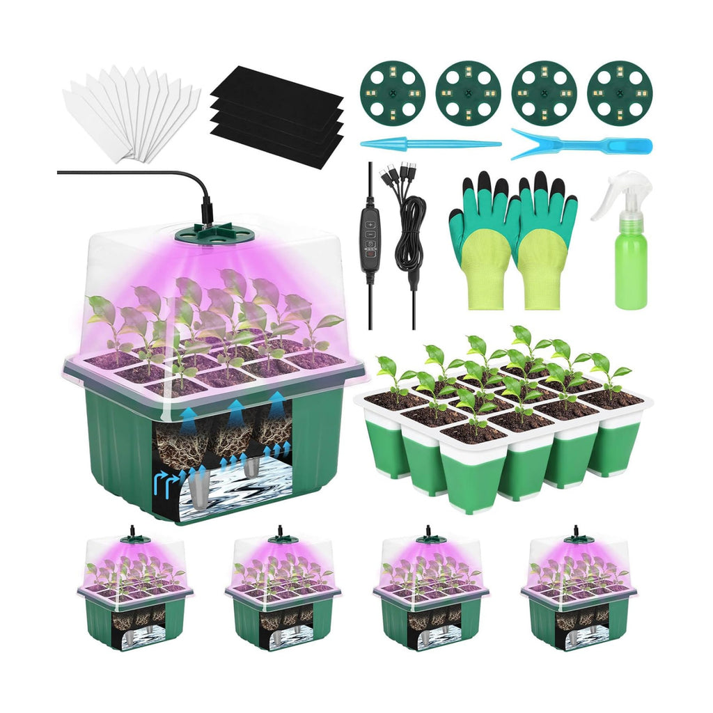 4 Set Self-Watering Seed Starter Tray Kits with Grow Light, Reusable Seed Germination Kit with Adjustable Humidity