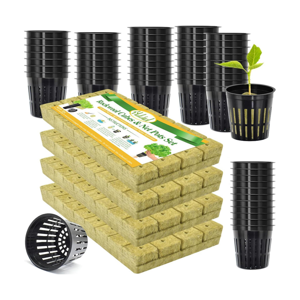 Halatool 144PCS 1.2" Rockwool Cubes & 120PCS 2" Net Cups for Hydroponics | Rockwool Garden Starter Plugs, Hydroponics
