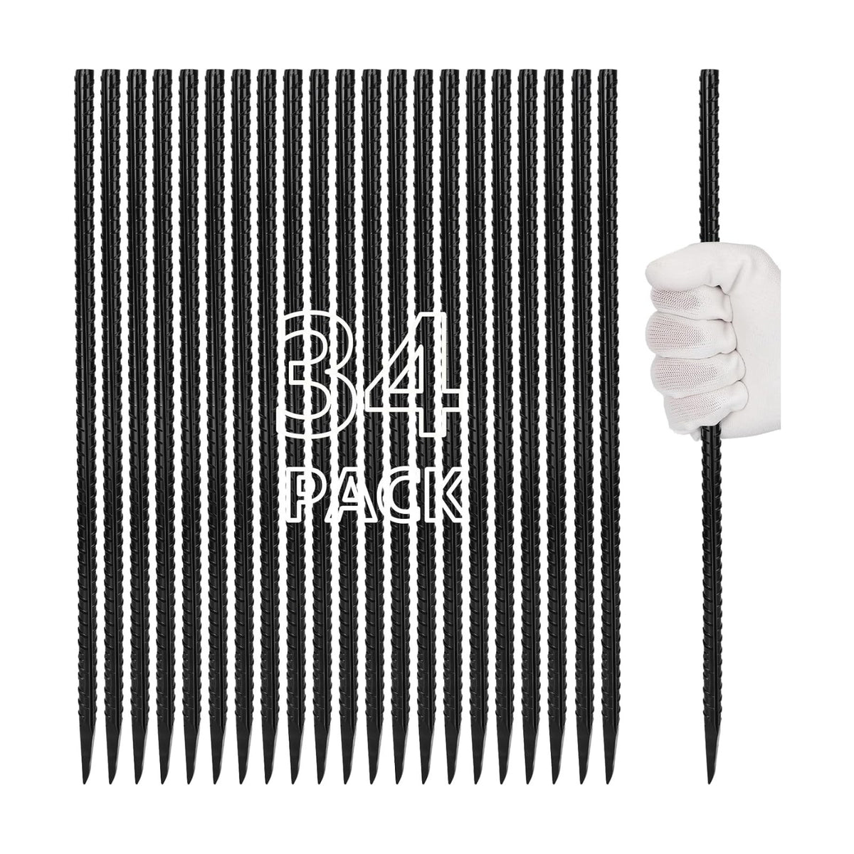 Besitu 16 inches Rebar Stakes Heavy Duty (34-Pack) Metal Spikes for Concrete Timber, Garden Plant, Straight Steel Stakes for Tent, 3/8" Thickness Ground Anchors with Chisel Point End, Black