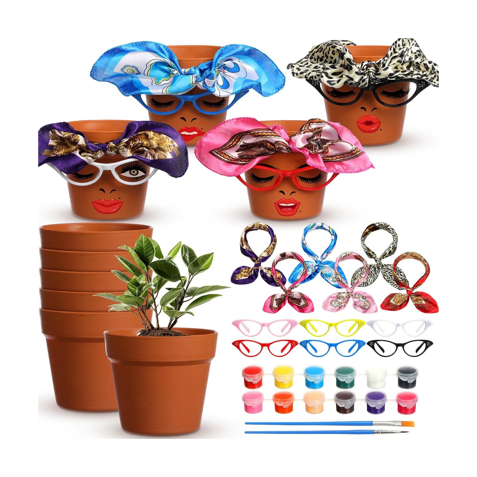 Sliner 6 Set Cute Face Flower Pot Planter Funny Plant Pots Painting Kit Include Glasses Silk Scarf Acrylic Paint