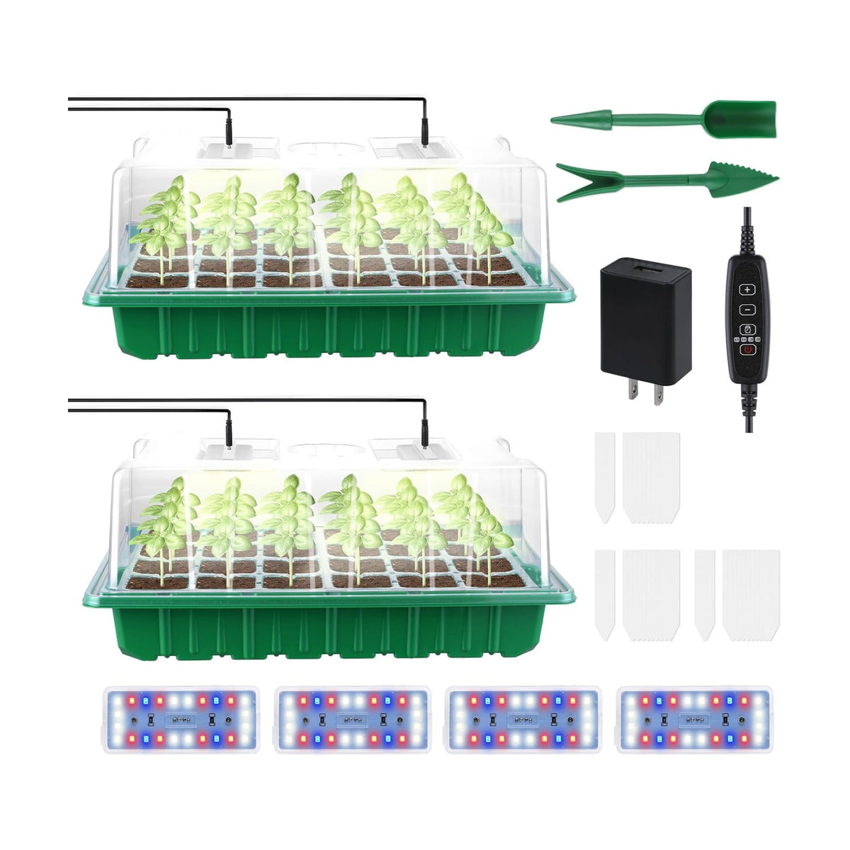 2 Packs Large Seed Starter Tray, Adjustable Brightness and Timer with 48 Full Spectrum LEDs, Seed Starter Kit with Drainage Holes, Tools and Labels for Indoor Plant Growing and Outdoor Gardening