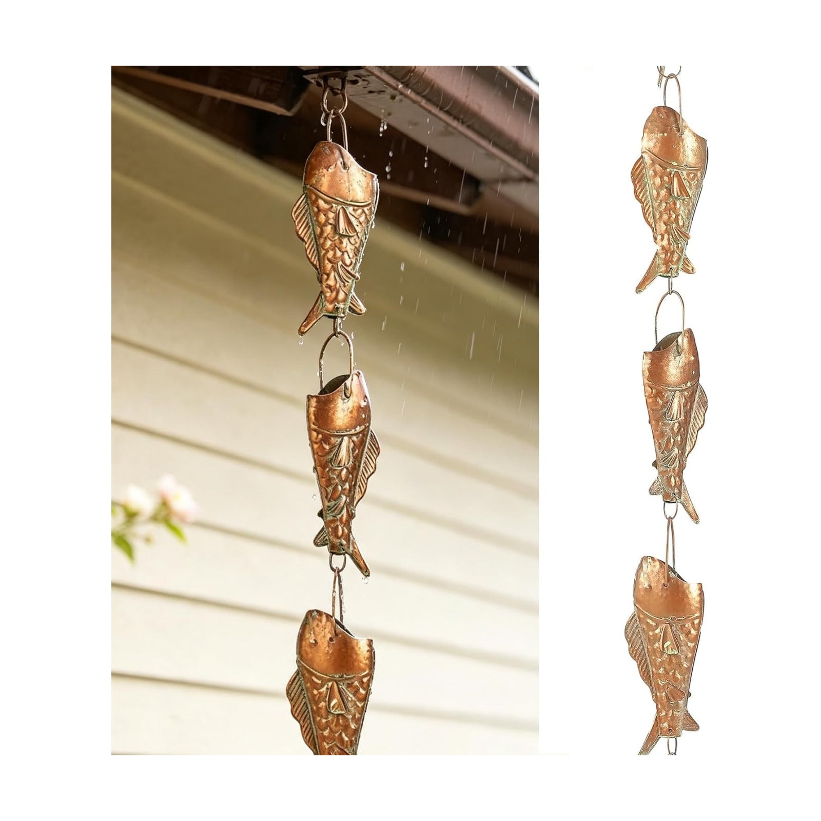 Copper Patina Rain Chain with Rainbow Trout for Heavy Rain, Functional and Decorative Replacement Downspout Chain for