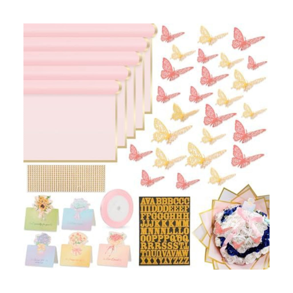 52Pcs Flower Bouquet Wrapping Paper Accessories Kit, 20 Sheets Pink Waterproof Floral Wrapping Paper, 12 Gold 12 Pink Butterflies, 5 Cards, 1 Ribbon, 1 Letter 1 Rhinestone Sticker (Gold Edge)
