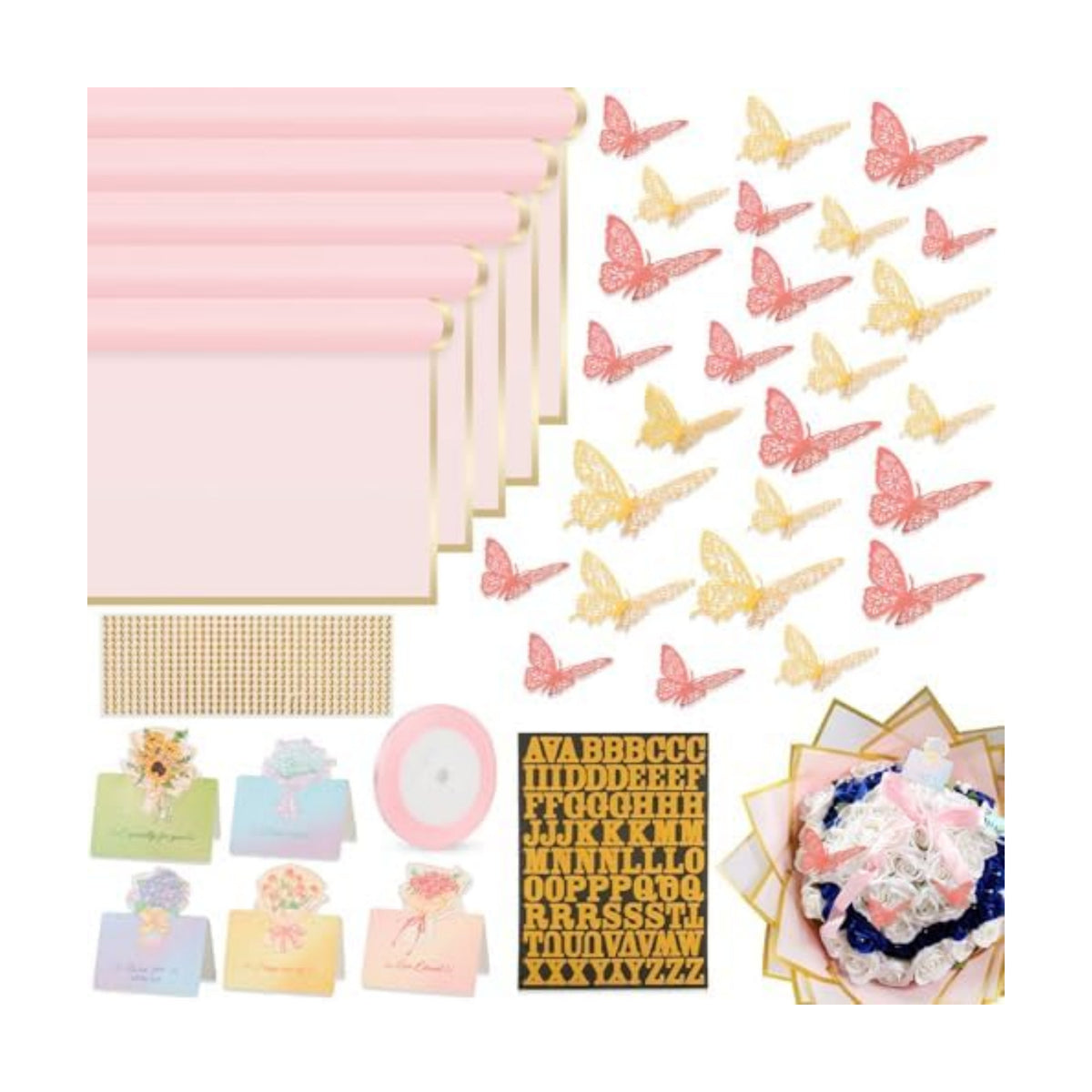 52Pcs Flower Bouquet Wrapping Paper Accessories Kit, 20 Sheets Pink Waterproof Floral Wrapping Paper, 12 Gold 12 Pink Butterflies, 5 Cards, 1 Ribbon, 1 Letter 1 Rhinestone Sticker (Gold Edge)