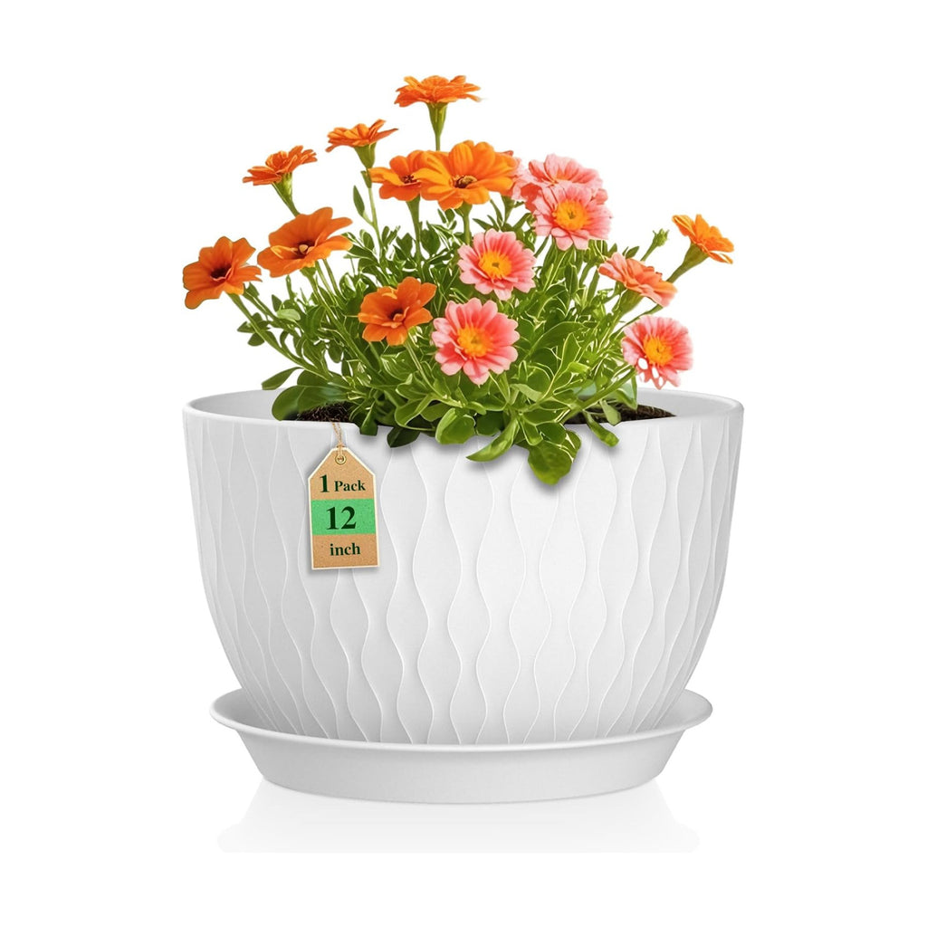 WSMKSZ 12 Inch Large Plant Pots for Indoor or Outdoor Plants, Wide Water Ripples Flower Pots with Drainage Holes &