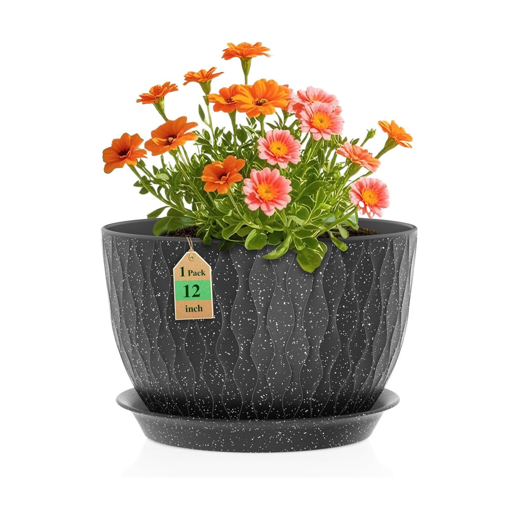 WSMKSZ 12 Inch Wide Water Ripples Flower Pots for Indoor or Outdoor Plants, Large Plant Pots with Drainage Holes &