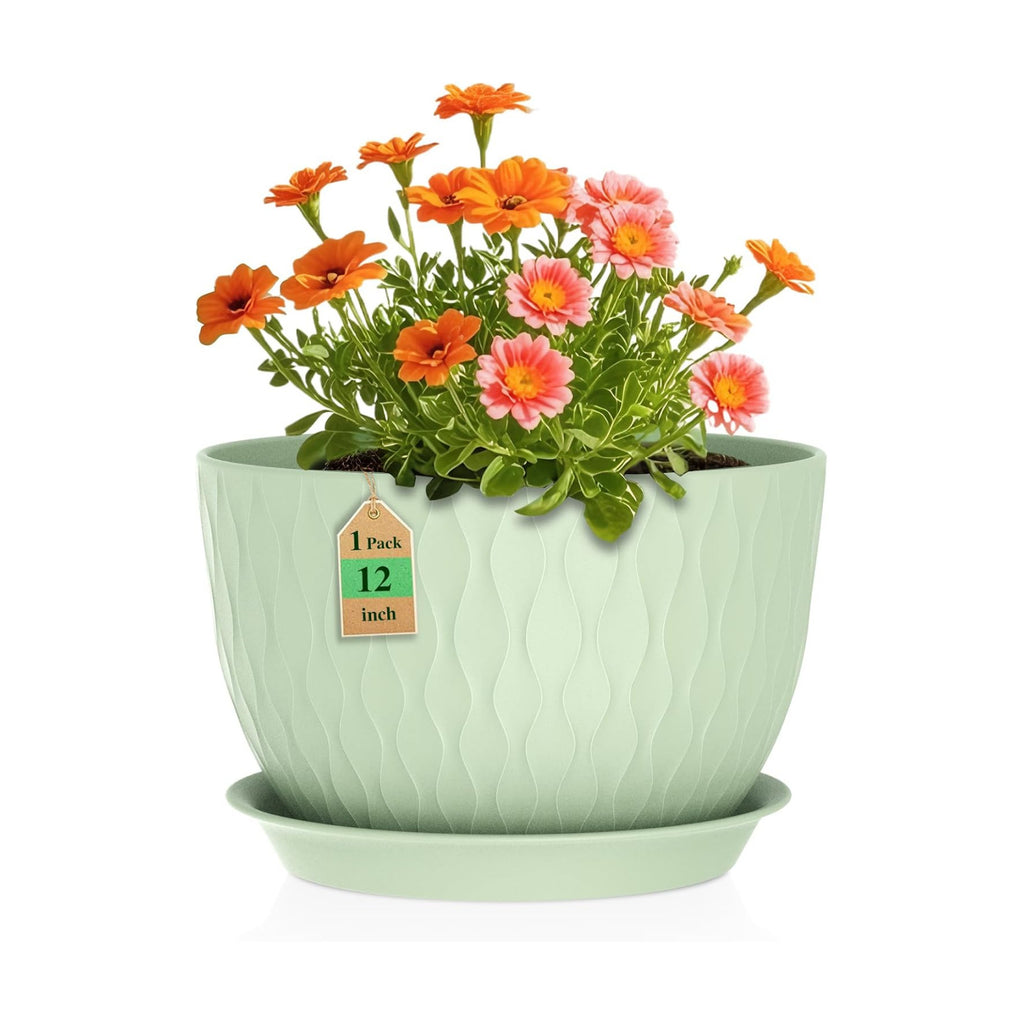 WSMKSZ 12 Inch Large Plant Pots for Indoor or Outdoor Plants, Wide Water Ripples Flower Pots with Drainage Holes &