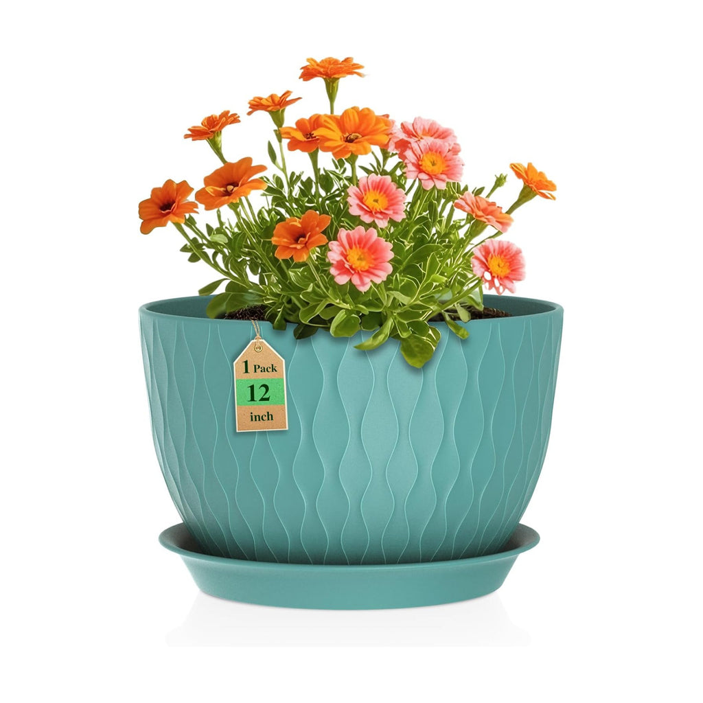 WSMKSZ 12 Inch Large Plant Pots for Indoor or Outdoor Plants, Wide Water Ripples Flower Pots with Drainage Holes &