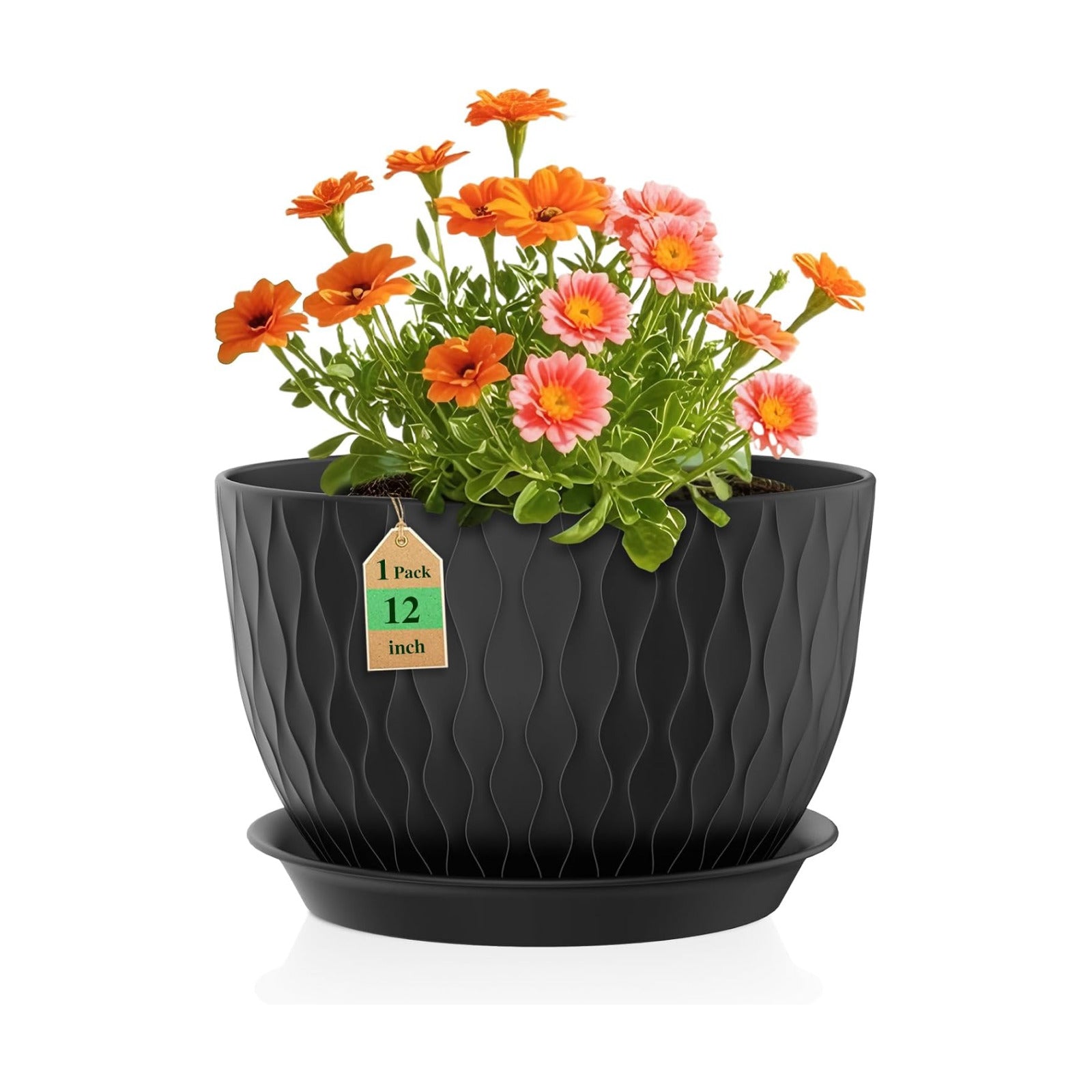 WSMKSZ 12 Inch Large Plant Pots for Indoor or Outdoor Plants, Wide Water Ripples Flower Pots with Drainage Holes &