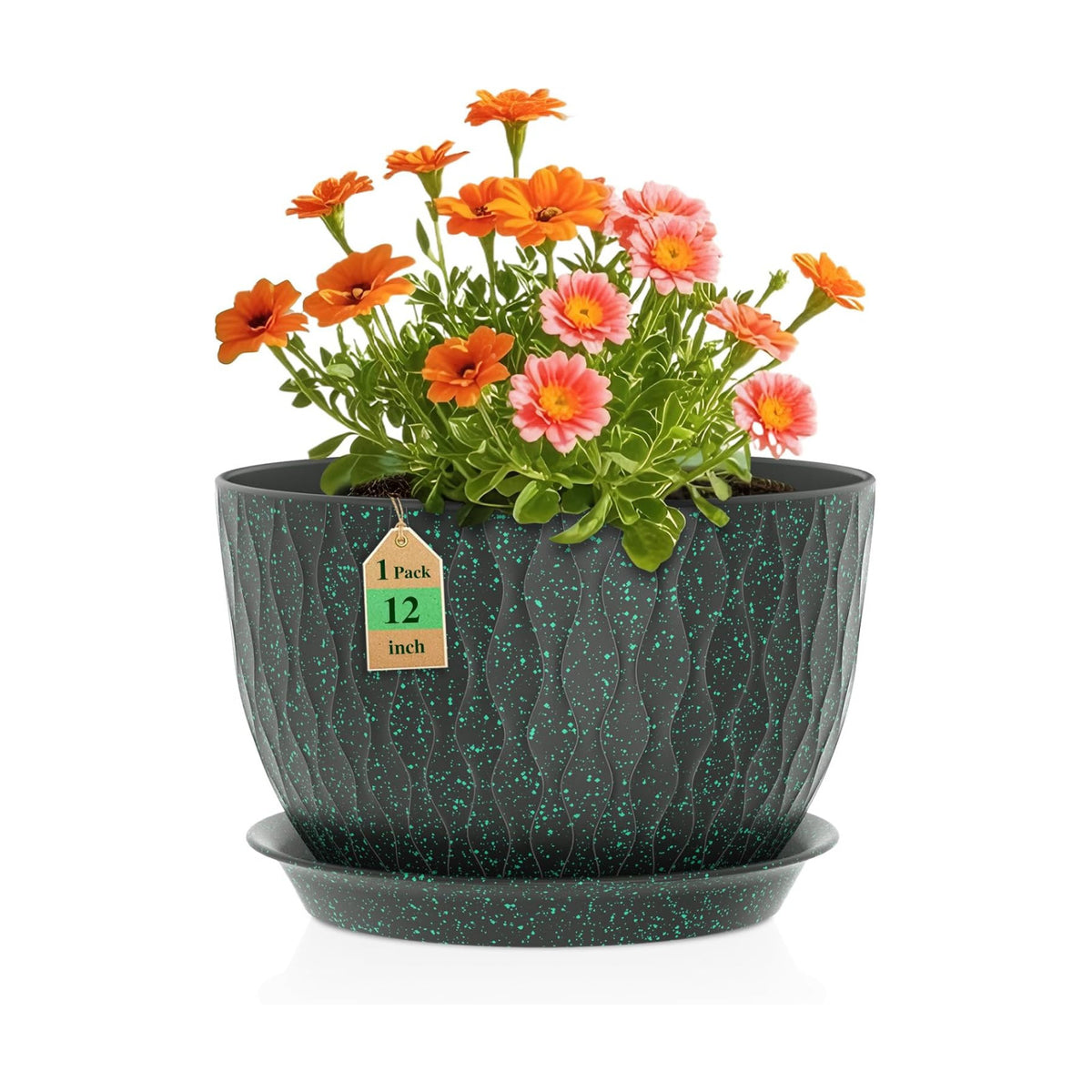 WSMKSZ 12 Inch Wide Water Ripples Flower Pots for Indoor or Outdoor Plants, Large Plant Pots with Drainage Holes & Saucer, Plastic Planters Set for Garden & Home Decor (Black with Green Speckles)