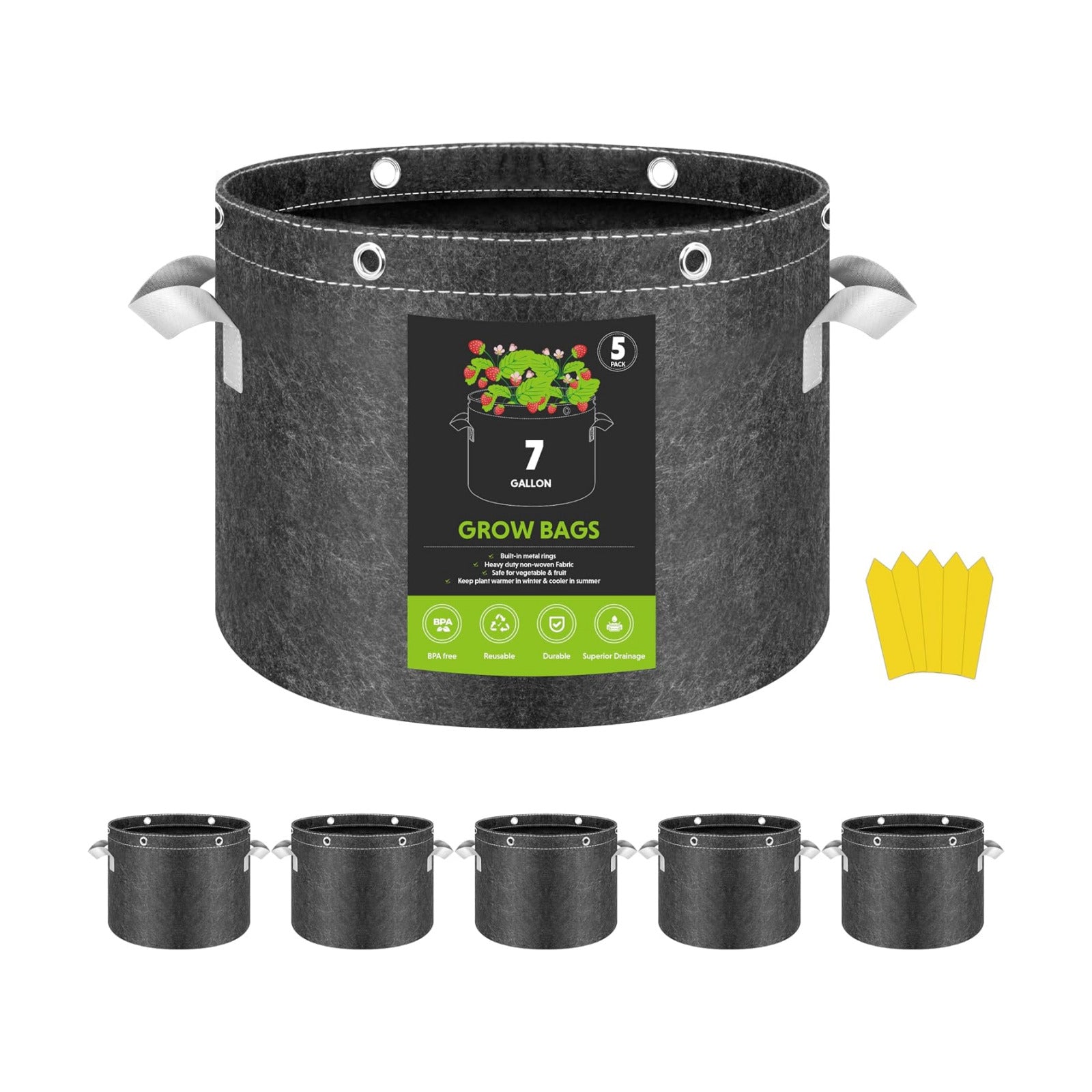 InfiniPower 5 Pack 7 Gallon Plant Grow Bags, 400G Thick Nonwoven Fabric Pots with Multi-Purpose Rings and Handles
