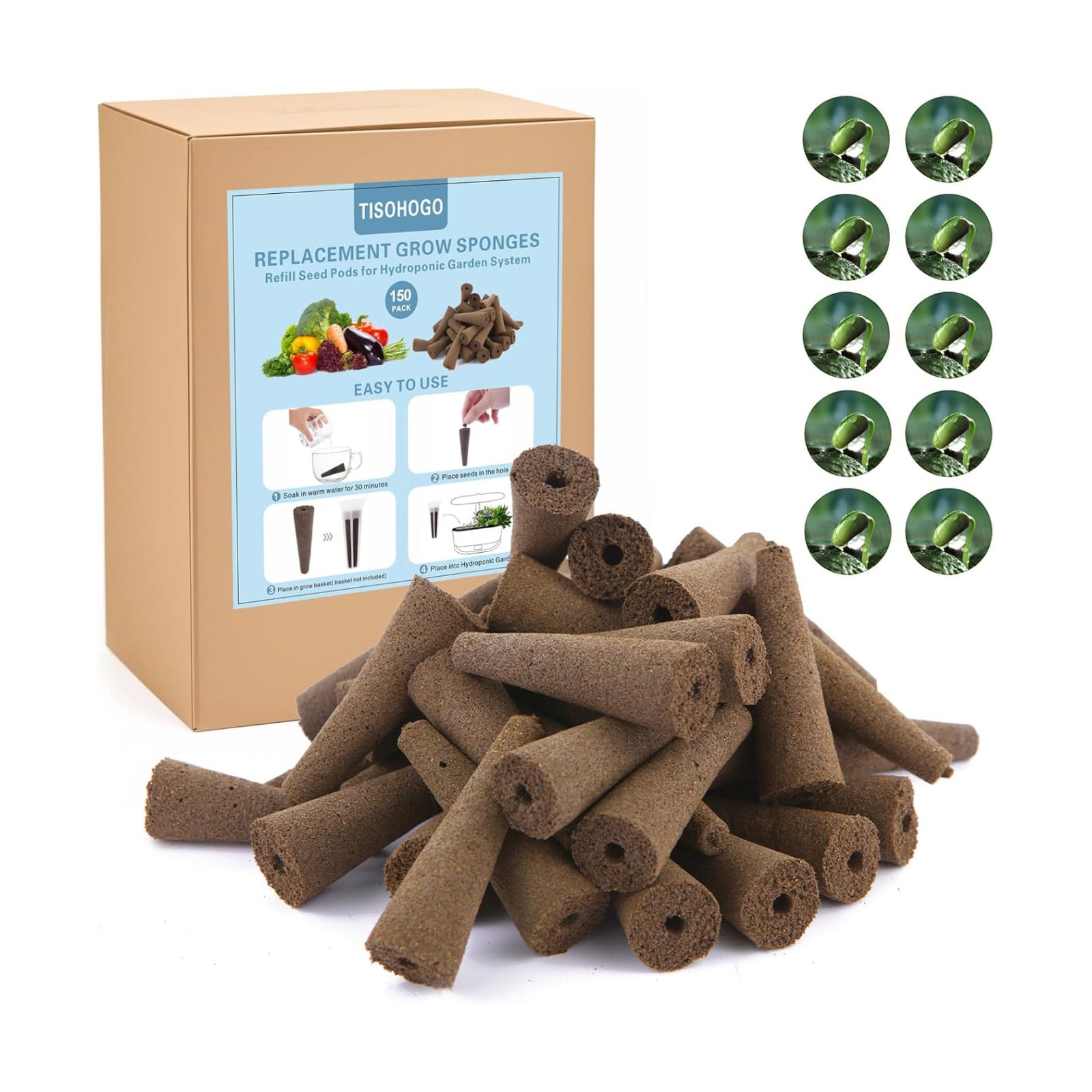 150 Pack Grow Sponges, Seed Pods Replacement Root Growth Sponges Compatible with AeroGarden, Moldy-Free, Kit with 10