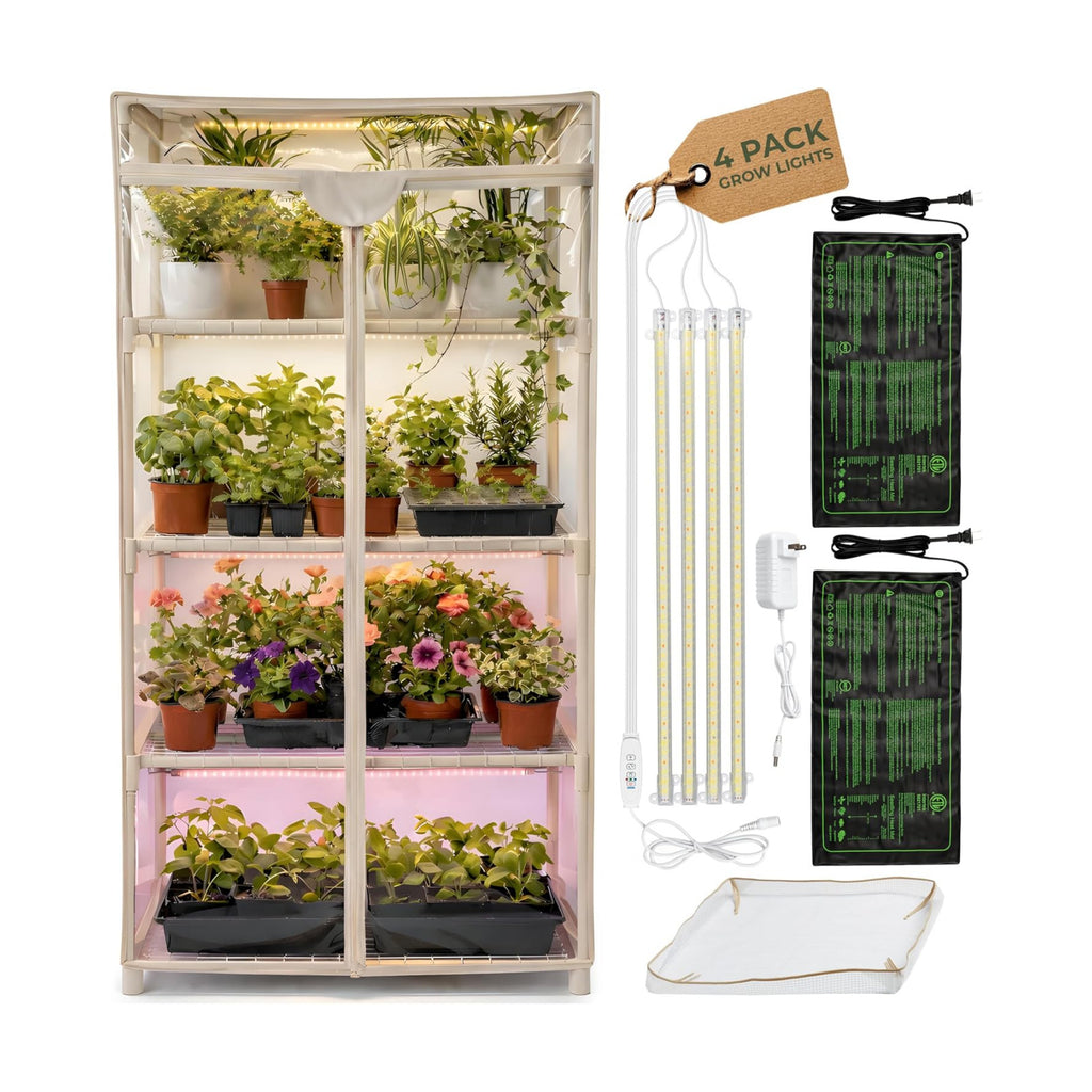Indoor Greenhouse with Grow Light - 4 Tiers 27.2"L x 19.3"W x 54"H with 2 Heat Mats and 4 Dimmable 15W Full Spectrum
